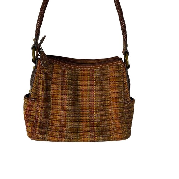 Fossil Shoulder Bag 16 inch Drop 3 Inside Pockets Plaid Fabric Brown Red Orange - Picture 6 of 8